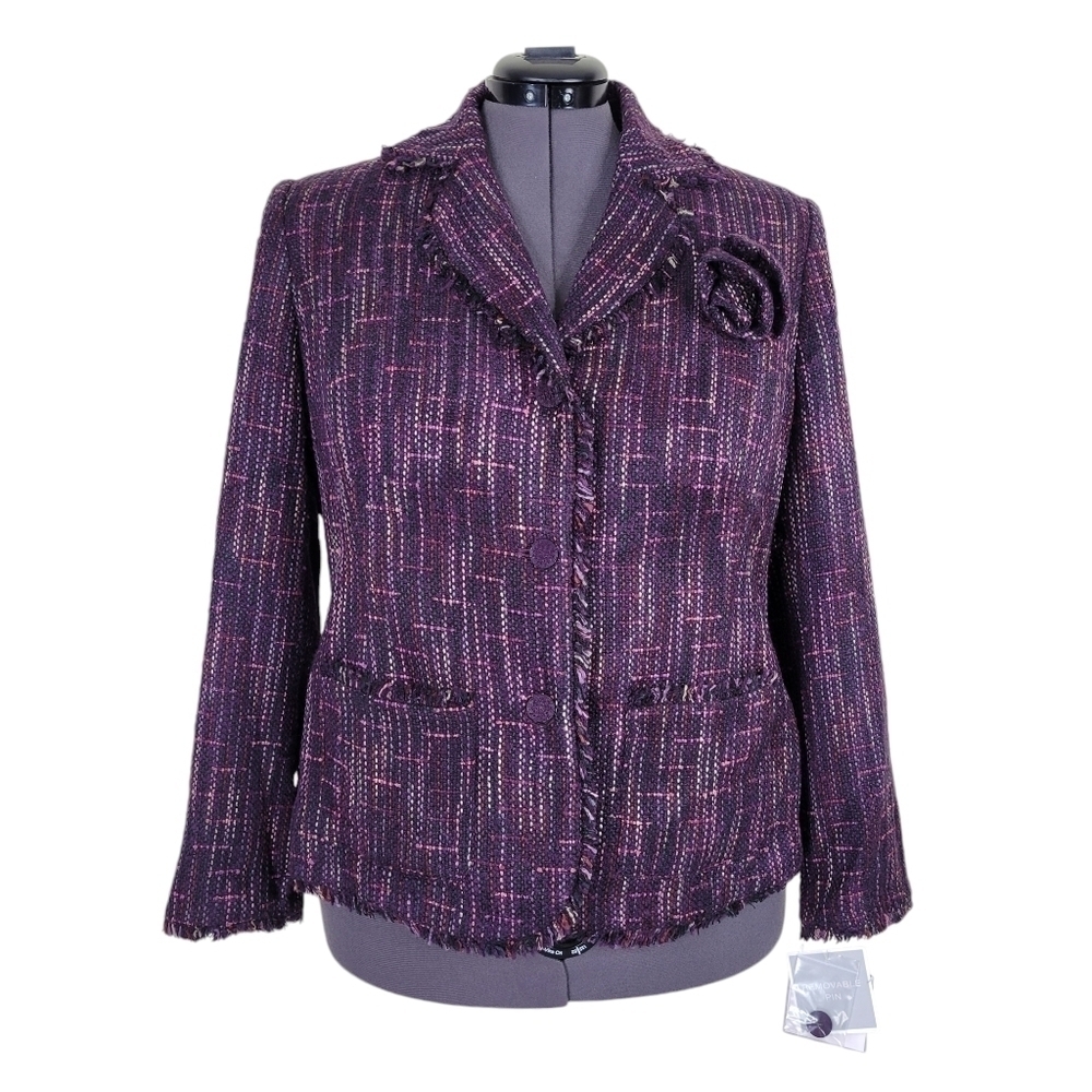 Sag Harbor Tweed Blazer Size 16W Fringe Trim Pockets Removable Pin Purple New - Picture 2 of 15